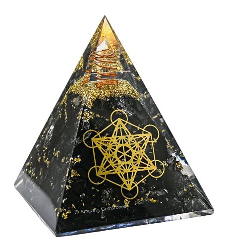 Amazing Gemstone Organite Orgone Pyramid Extra Large 105 MM - Metatron Cube Orgone Energy Pyramid with Black Tourmaline Crystals and Healing Stone - Orgonite Pyramids Crystals and Positive Energy