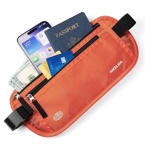 Image of RFID Blocking Money Belt - Passport Holder & Travel Wallet, Slim Hidden Fanny Packs for Women Men - Orange