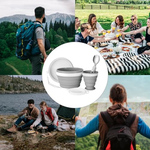 Odoland Geschirr Set für Camping Inklusive Faltbare Zusammenklappbare Silikonschüssel und Reisebecher mit Deckel, Edelstahl Salatlöffel für Backpacking, Outdoor, Camping, Wandern und Picknick