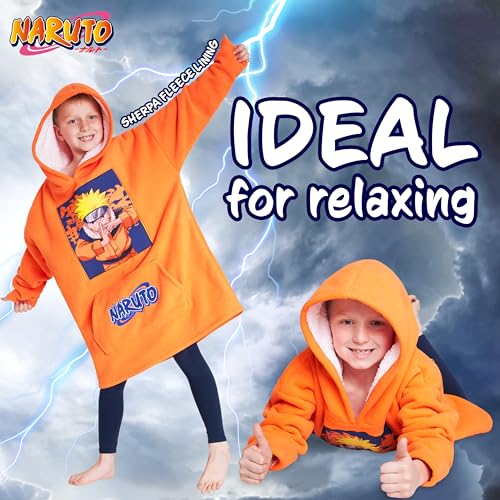 Naruto Fleece Hoodie Blanket for Boys and Teenagers - One Size Kids Oversized Hoodie with Sherpa Lining Gifts for Boys Orange3