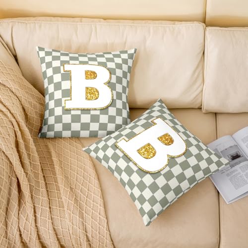 Image of Erosebridal Sage Green Checkered Throw Pillow Covers 24x24 Set of 2 Plaid Initial B Cushion Cover Personalized Monogram Throw Pillow Case for Bed Couch Sofa Fashion Grids Gingham Home Decor