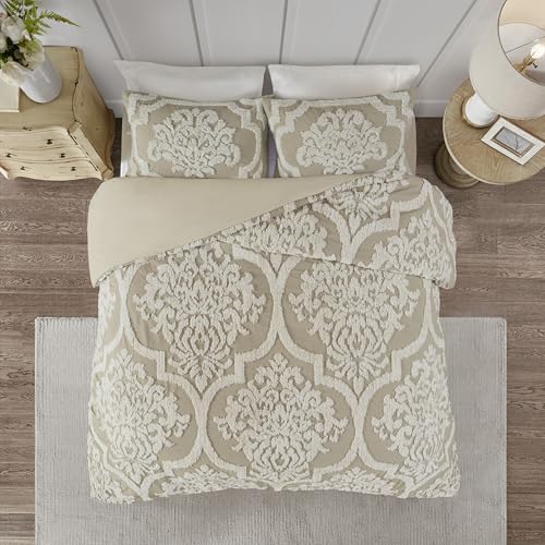 Image of Madison Park Tufted Chenille Cotton Comforter All Season Bedding Set, Matching Shams, Full /Queen(90 inchx90 inch), Viola, Damask Taupe 3 Piece (MP10-7102)