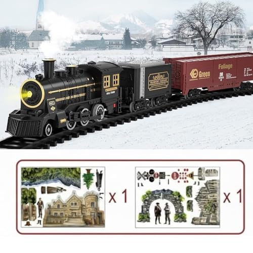 Image of Classic Retro Steam Train Set for Kids with Real Smoke, Lights & Sound | Rechargeable Electric Railway Toy with 155cm DIY Track & Cargo Coaches | Gift for Boys & Girls 3-8 Years