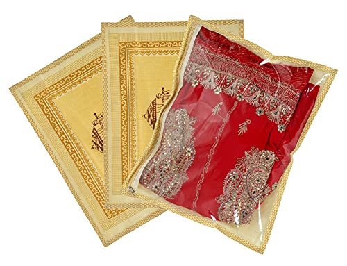 Image of Kuber Industries 3 Pcs Plastic Waterproof Saree Covers for Storage | Wardrobe Organizer for Storage | Saree Organiser for Wardrobe | Palki Print - Golden