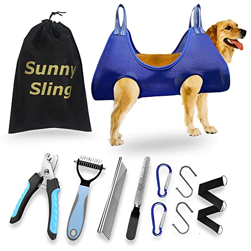 Sunny Sling Pet Grooming Hammock - Set Includes Storage Bag, Dematting Tool, Comb, Nail Clippers, Nail File, Carabiner Hooks & Straps - Suitable for Cats & Dogs (Medium - 45 lbs weight capacity, Blue)