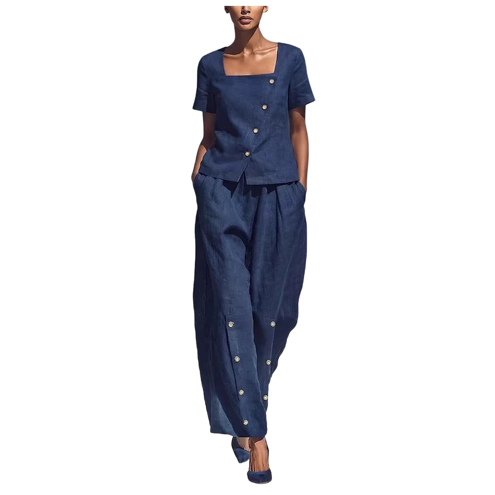 hausanzug damen Lässiges und modisches Damen Set aus kurzem Ärmel, weitem Bein, eckigem Ausschnitt, schräger Vorderseite, seitlicher Knopfleiste und eckiger Hose mit eckigem hosenanzug (Navy, S)