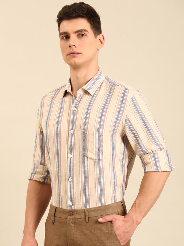 Image of Linen Club Men's Pure Linen Striped Contemporary Fit Full Sleeve Casual Shirt