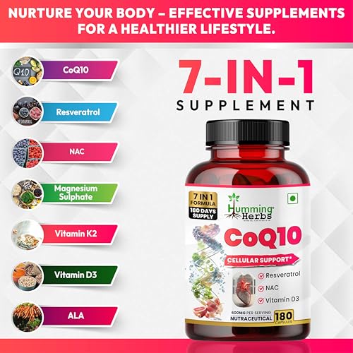 Image of Humming Herbs CoQ10 Supplement 7-in-1 with Resveratrol NAC ALA Magnesium Vitamin K2 (MK-7) & Vitamin D3 - Cellular Energy & Antioxidant Support - 180 Veg Capsules