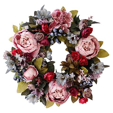 HooAMI Künstliche Türkranz Deko Kranz Dekorative Blumenkranz Wandkranz Für Frühling Sommer Alle Jahreszeiten Wanddekoration Hochzeitsfeier Festival Dekor(Rot-rosa) Cover
