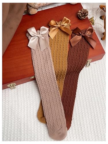 OYOANGLE Girl's 3 Pairs Knee High Socks Bow Cute Over Calf Kids Over knee Stockings3