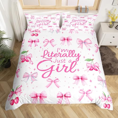 Manfei Bowknot Duvet Cover Set Toddler Size, Cute Bow Cherry Patchwork Bedding Set 2pcs, Cartoon Bow Tie Comforter Cover, Kids Girls Room Decor, Lightweight Bedspread Cover, 1 Pillowcase, No Comforter