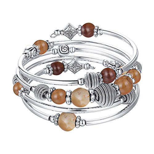 FULU AUTUMN Bracelet de Perles en Argent pour Femme-Bijoux Bohème Multicouches-Cadeau Fete Des Meres pour Maman(Brown)
