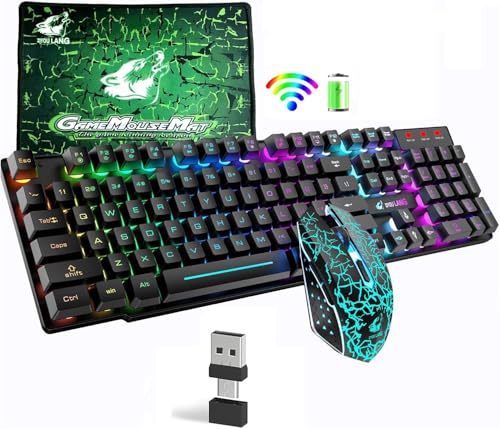 Wireless Keyboard Mouse Combo 2.4G Rechargeable 3000mAh Battery 104 Key Gaming Keyboard USB/Type-C Dual Receiver + 2400DPI 6 Buttons Optical Rainbow LED Gaming Mouse + Mouse Pad for PC Laptop-Black