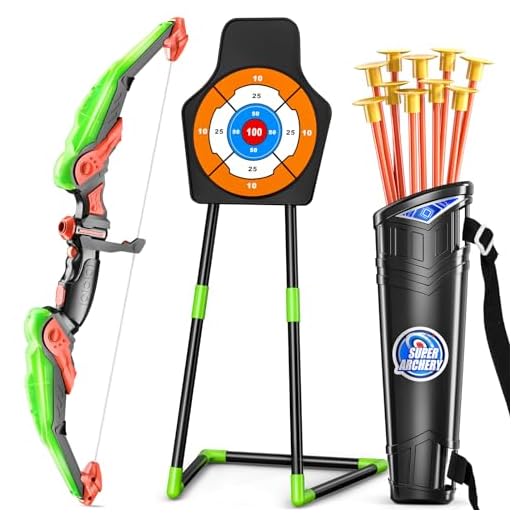 TEMI Bow and Arrow Set for Kids with LED Lights-Archery Set with 10 Suction Cup Arrows, Quivers & Standing Target, Outdoor Toys for Kids Boys & Girls Ages 3 -12 Years Old