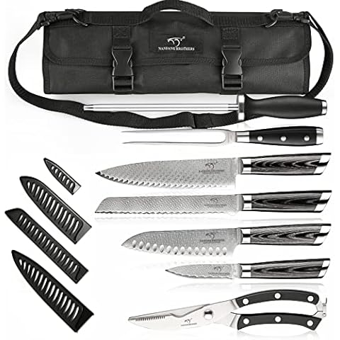 NANFANG BROTHERS Chef Knife Set with Bag, 8 Pieces Damascus Steel Chef Knives with Portable Knife Roll Storage Bag, Blade Guards, Carving Fork, Sharpener and Kitchen Shears for Outdoor Camping Travel Cover