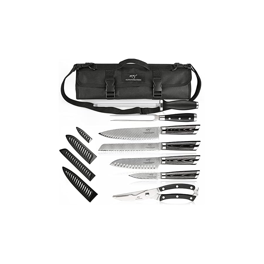 Chef-Knife-Set-8-Pieces-Damascus-Steel-Knives-with-Portable-Knife-Roll-Storage-Bag-Knife-Blade-Guards-Carving-Fork-Knife-Sharpener-and-Kitchen-Shears-for-Outdoor-Camping-BBQ-Travel NANFANG BROTHERS Chef Knife Set with Bag, 8 Pieces Damascus Steel Chef Knives with Portable Knife Roll Storage Bag, Blade Guards, Carving Fork, Sharpener and Kitchen Shears for Outdoor Camping Travel