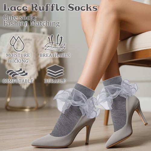 Image of Women Big Ruffle Ankle Socks Adult Double Lace Frilly Socks Fold Cuff Cotton Ruffled Dress Crew Bobby Bride Sock
