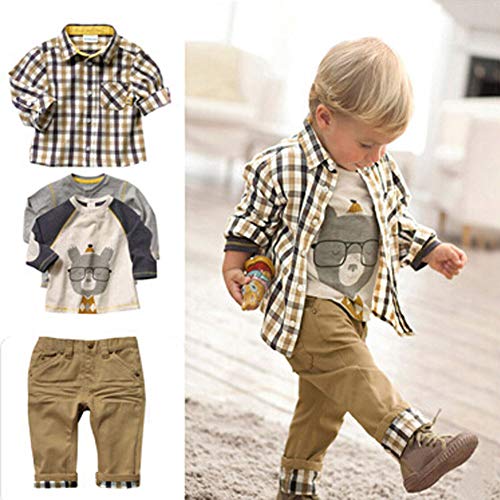 Image of Boy's Plaid Tops and Koala Printed T-Shirt and Pants 3 Pieces Clothing Sets (Khaki,3-4 Years)