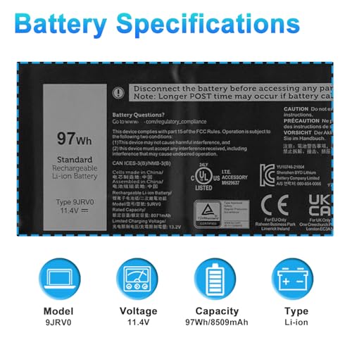 Image of 97Wh 9JRV0 Laptop Battery Replacement for Dell Latitude 5521 5531 Precision 3571 3561 3581 3591 Alienware M17 R5 M18 R1 R2 Series 05RGW 005RGW 53XP7 053XP7