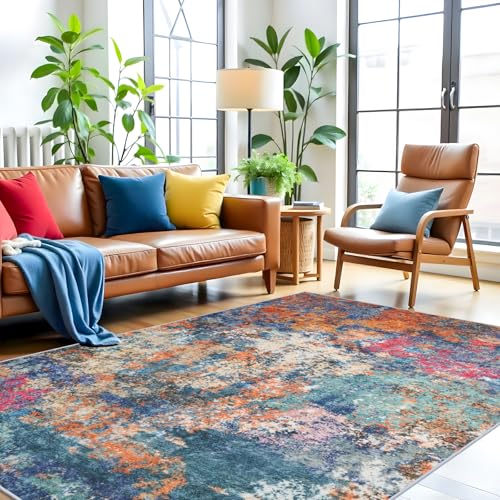 RUUGME 5X7 Washable Area Rug Colorful - Living Room Large Area Rug Indoor Farmhouse Stain Resistant Carpet for Bedroom Low Pile Non-Slip Machine Washable Distressed Mat Soft Decor 5x7 Colorful/Multi