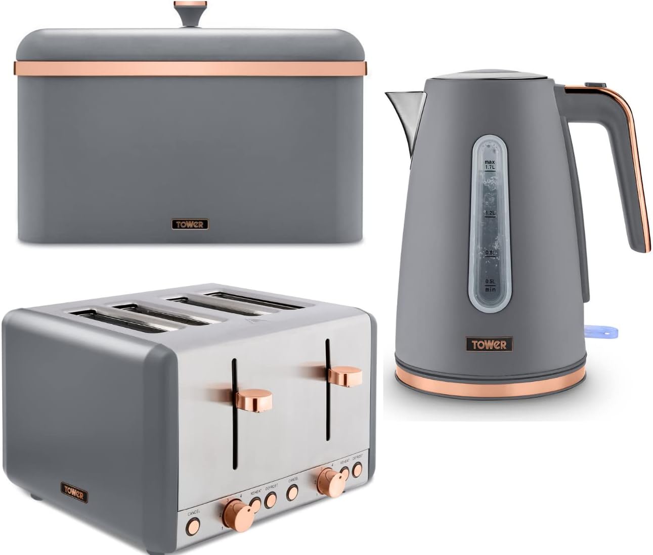 TOWER Cavaletto Grey 1.7L 3KW Jug Kettle, 4 Slice 1800W Toaster