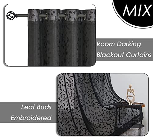 Image of Mix Matched Black Full Blackout & Sheer Leaf Lace Curtains 52 inchWx95L 6Panels