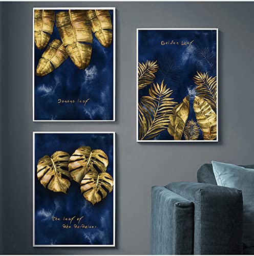 Canvas Paintings Blue Posters : créez un salon chic avec ce triptyque de feuilles dorées