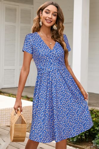 Image of OUGES Maternity Nursing Dress Breastfeeding Short Sleeve V Neck Casual Pregnancy Clothes with Pockets