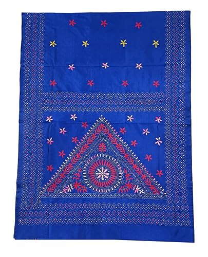 Image of SHRISTI CLOTHINGS Women's Hand Embroidered Cotton Silk Kantha Stitch Saree with Blouse Piece (SB4200924 BLUED75)