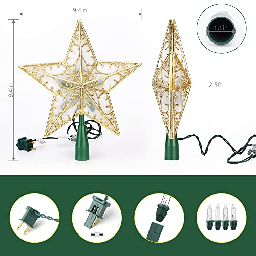 Brizled 9” Christmas Star Tree Topper, Gold Dual-Side 3D Star Treetop, Glittered Tree Topper With 10 Warm White Lights, Ul Listed Lighted Xmas Star Tree Topper For Holiday Christmas Tree Decorations #TOP6
