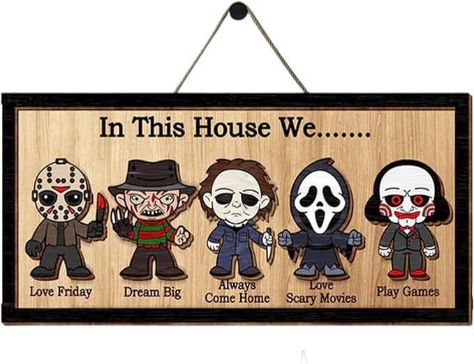 In This House We Horror Halloween 2 Layered Frame Wood Sign Halloween Signs Wall Hanging Scary Decorations Haunted Party Spooky Movie Characters decor for Indoor Outdoor Wall Desk (HANG)