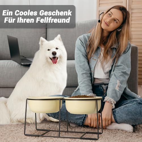 Hundenapf Set Erhöht Hundenäpfe Keramik - Doppel Fressnapf Hund Groß mit Rutschfestem Metallständer - Hunde Napfset für Futter Wasser - Ideal für Mittelgroße und Große Hunde - 2 x 1600 ml - Beige