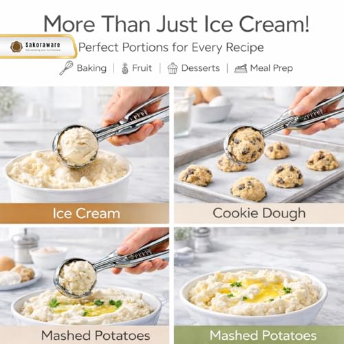 Image of Sakoraware Multipurpose Ice Cream Scoop, Spring Handle Premium Stainless Steel Scooper for Icecream, Muffins Melon Cookie Dough Cutter, Dessert Serving Kitchen Tools for Home