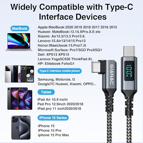 Cable USB C a USB C Largo [1.8M] 90 Grados Cable USB C Cable de Carga Rápida con Pantalla LED Cable Tipo C para MacBook Air/Pro,Samsung Galaxy,Google Pixel,Huawei,etc