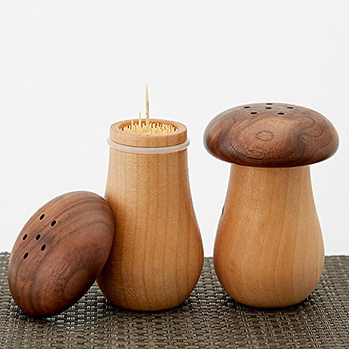 KiaoTime Wooden Toothpick Holder Dispenser,Pack 2 Forest Woodland Mushroom Design Natural Wood Toothpick Holder Box Container for Kitchen Counter Dinning Table Cabinet Décor