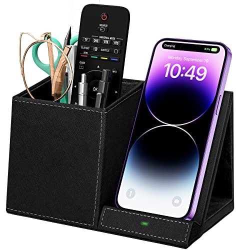Desk Supplies Organizer, Multi-Functional Pencil Pen Holder with Wireless Charger, Desktop Stationery Organizer, Home Office Supply Storage Box Caddy (Black)