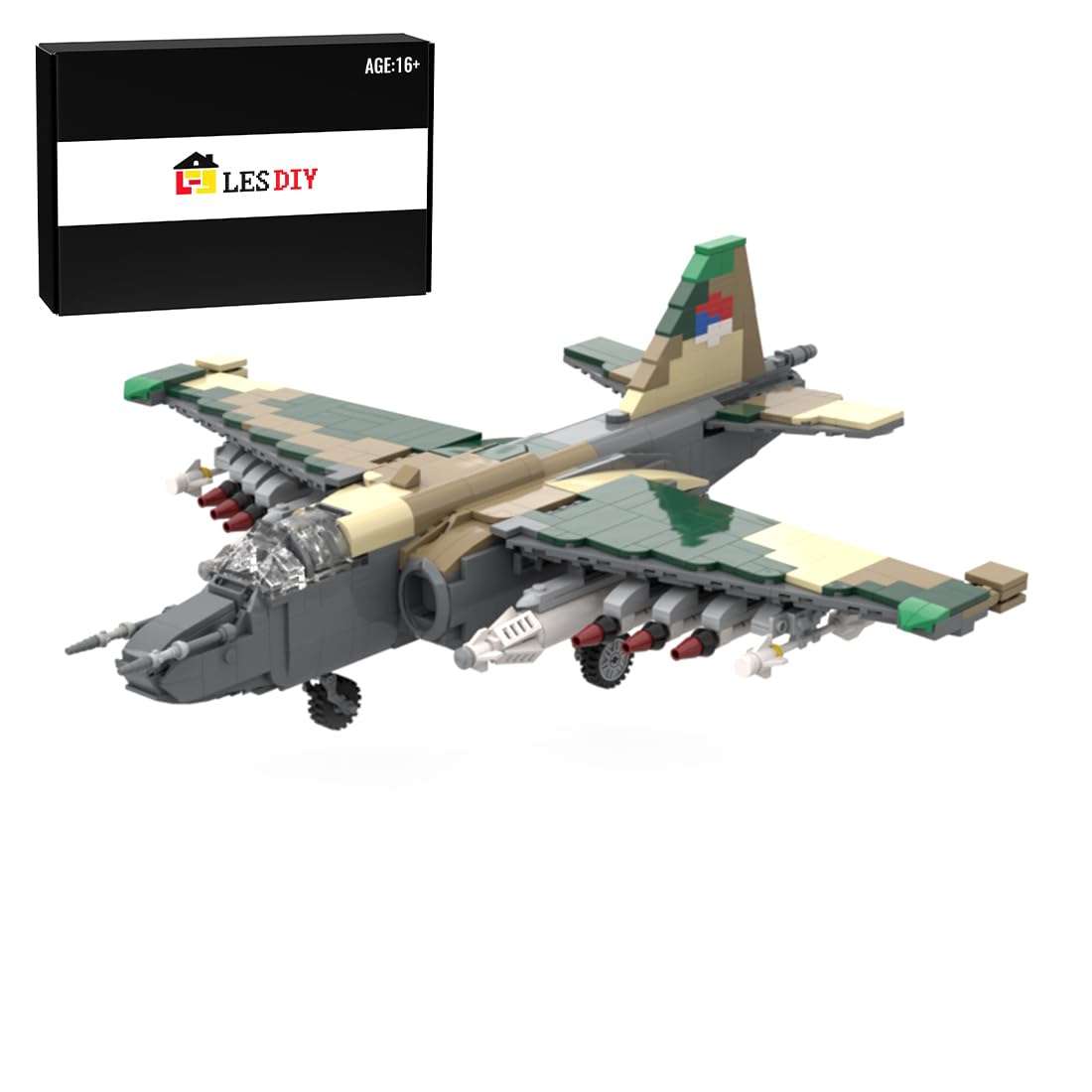 Generisch Modello di aereo multiuso da montare con blocchi,MOC-183169 SU-25K aereo da combattimento – tema militare, set di blocchi da costruzione, regali per appassionati militari (1079 pezzi)