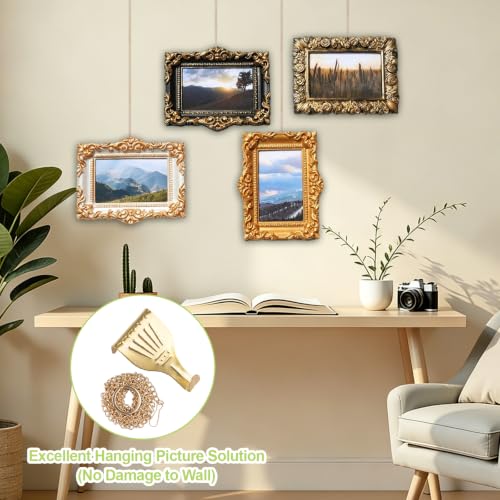 Image of Picture Hanging Kit - 10Pcs Frame Rail Hooks with 10Pcs Chains, Art Display Hanging System in Two Sizes for Wall Picture, Exhibition(Gold, 30CM & 60CM)