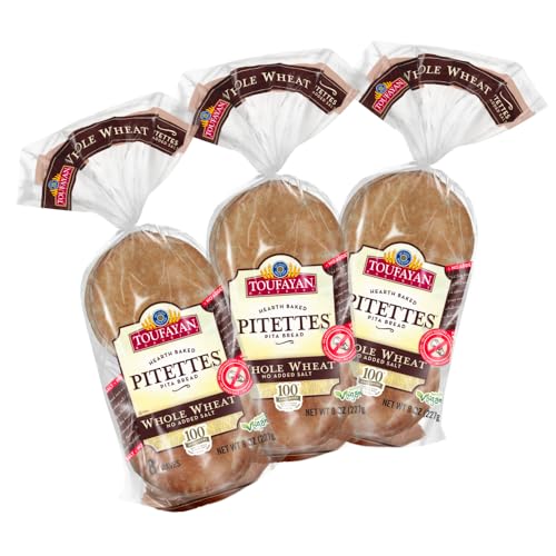 Toufayan No Added Salt Whole Wheat Pitettes Pita Bread - Lower Sodium, Vegan (3 Pack, 24 Pitas Total)