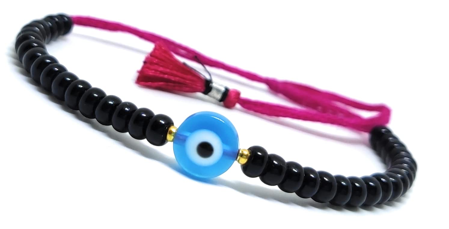 Jewel string Sea blue Evil Eye black bead Bracelet pink cord adjustable for girl women(Not for Anklet) tassle - Image 3 thumbnail