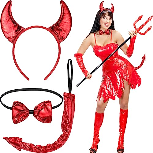 Xinnun Set de 3 Accesorios de Disfraz de Demonio, Diadema de Halloween de Cuernos de Diablo Cola de...