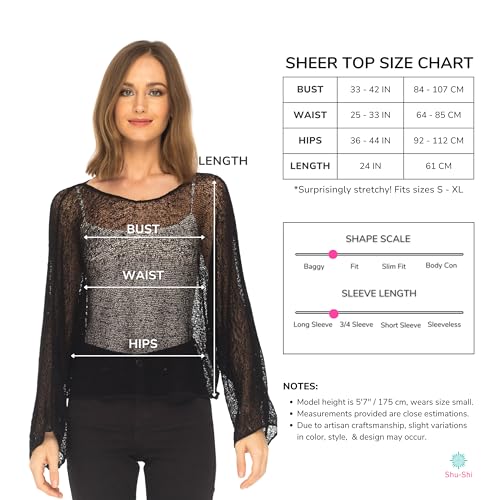 Shu-Shi RYPO88 BK1 Womens Sheer Blouse Top Knit Lightweight Shrug Sweater Poncho Black thumb #6