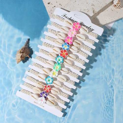 Pingyongchang 12Pcs Hawaiian Plumeria Rubra Seashell Bracelets Cute Handmade Flower Shell Starfish Braided Friendship Bracelet Set for Women Boho Beach Vacation Holiday Jewelry Gift2