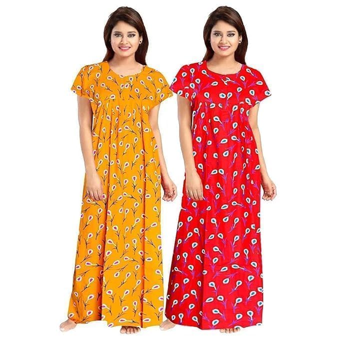 Image of CHICME Women's Cotton Printed Maxi Nighty - Pack of 2 Soft Breathable Ankle-Length Night Dresses for Women | Free Size Sleepwear Gowns | Comfort Loungewear Sleepwear