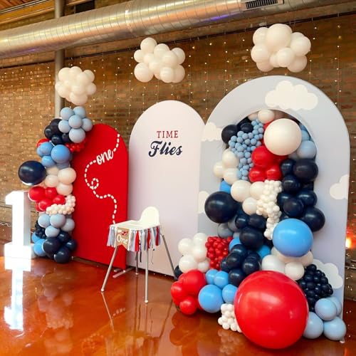 Image of Airplane Balloon Garland Arch Kit 147pcs Navy Blue Red and Blue white Balloons for Time Flies Theme Birthday Baby Shower Superhero Boys Party Supplies