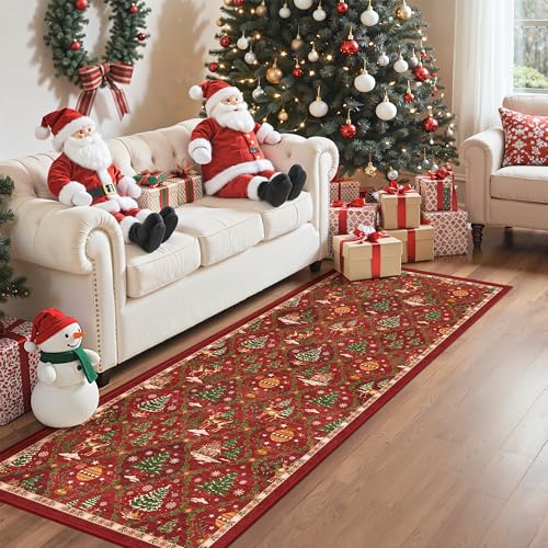 Madane Christmas Hallway Runner Rug - 2x5 Washable Red Runner Rugs Non-Slip Low-Pile Kitchen Xmas Holiday Decor Laundry Room Rug Throw Carpet for Entrance Bedroom Living Room
