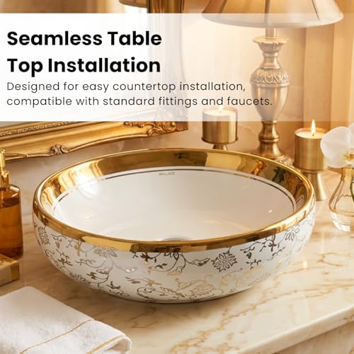 Image of Wallace Premium Countertop Wash Basin 60x40x15 cm | Oval Ceramic Table Top Sink |Interior with Gold Pattern | Luxury Designer Vanity Wash Bowl (White)