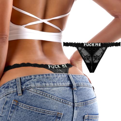 WKTYCCT Personalized Thong with Rhinestone Words Funny Custom Thongs for Women Sexy Lace Underwear G-String Panties (US, Alpha, Medium, Regular, Regular, BK-1)