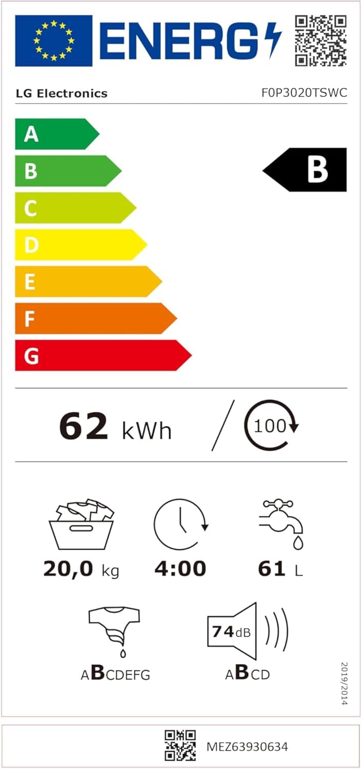 LG AI DD F0P3020TSWC Lavatrice 20kg, a Carica Frontale, Capacità XL Serie P3, Classe B, 1000 Giri, TurboWash 360, Vapore, Wi-Fi, Motore Inverter Direct Drive, Libera installazione, Bianco