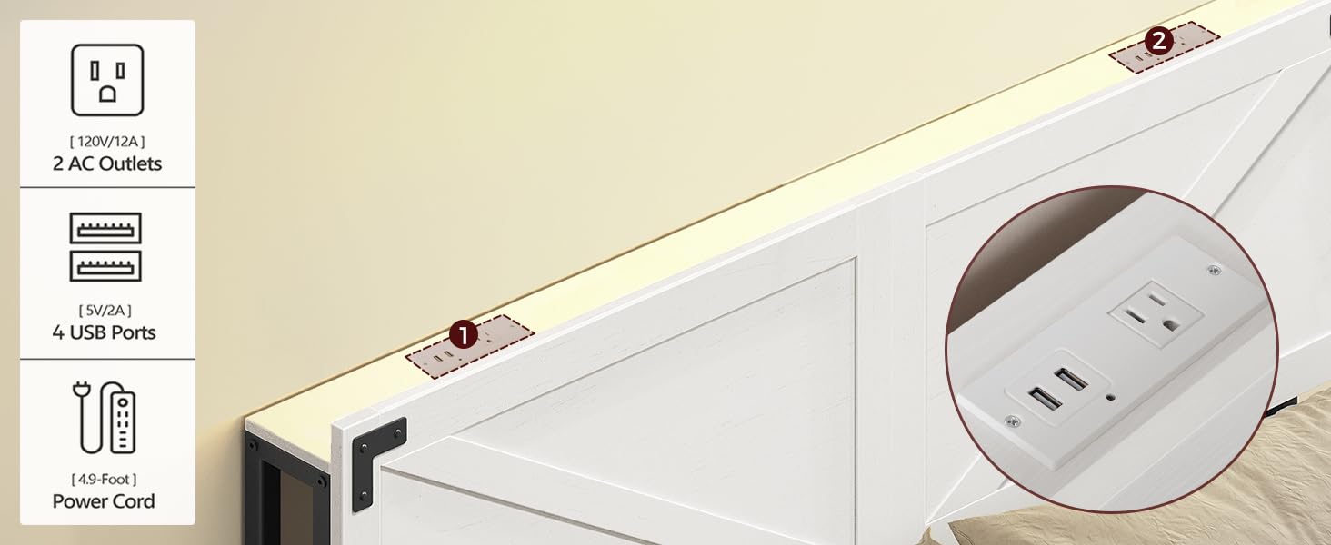 Cabecera tamaño King con 2 salidas y 4 puertos USB, cabecera de granja, con luces LED, almacenamiento seguro con valla elevada, con adaptador de marco de cama, color blanco y negro 3